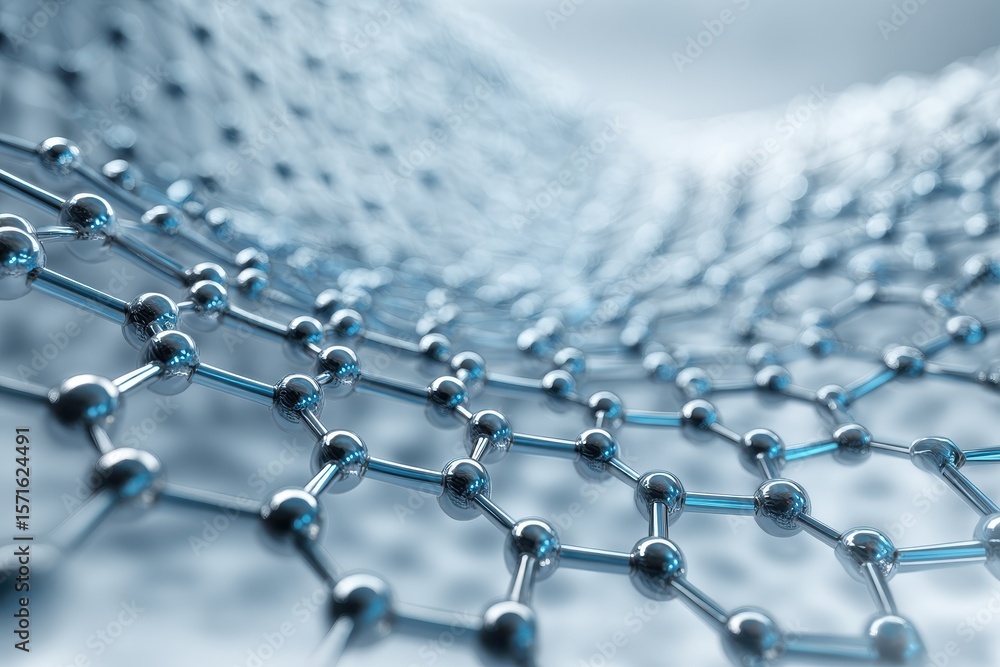 Poster exploring the intricate structure of a graphene lattice showcasing white and blue abstract patterns 