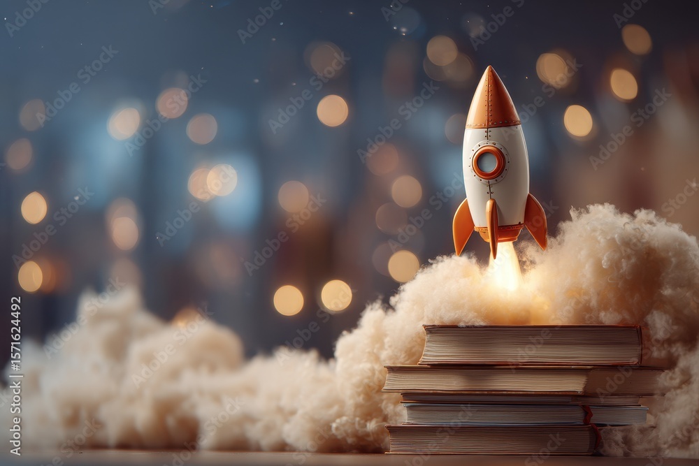 Poster creative concept of a rocket launching from a stack of books set against a vibrant bokeh background,