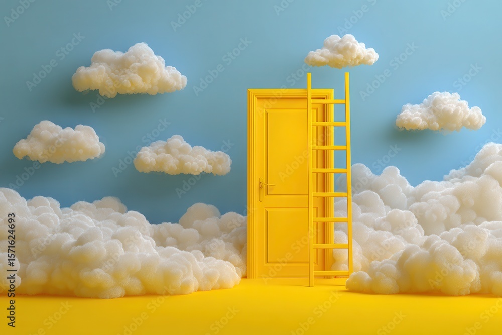Poster bright yellow background featuring an open door with a ladder leading up, surrounded by fluffy white