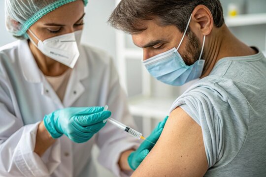 medical professional administering a vaccine injection into a patient's arm.