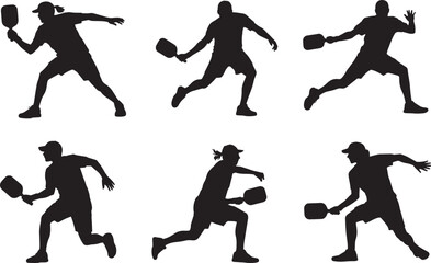 Male pickleball silhouette set with player action serving smash swinging court run paddle icon