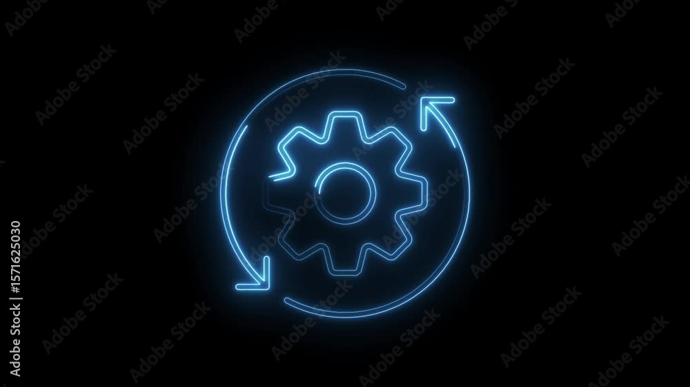 Poster neon glowing gear rotation animation isolated on black background for technology and engineering con