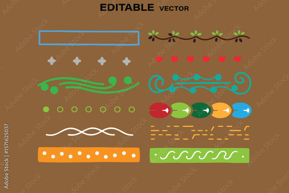Poster collection of colorful and editable vector decorative elements and borders on a brown background