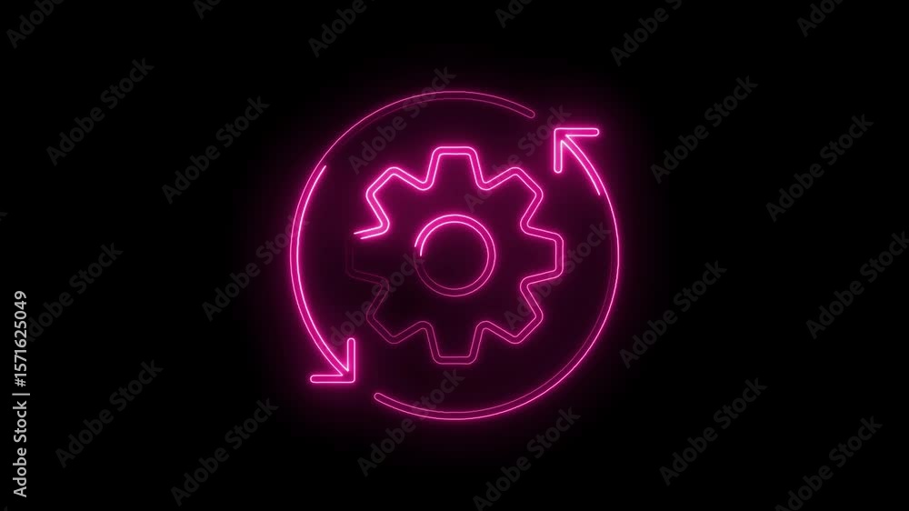 Poster pink neon gear with rotation arrows on black background seamless loop animation