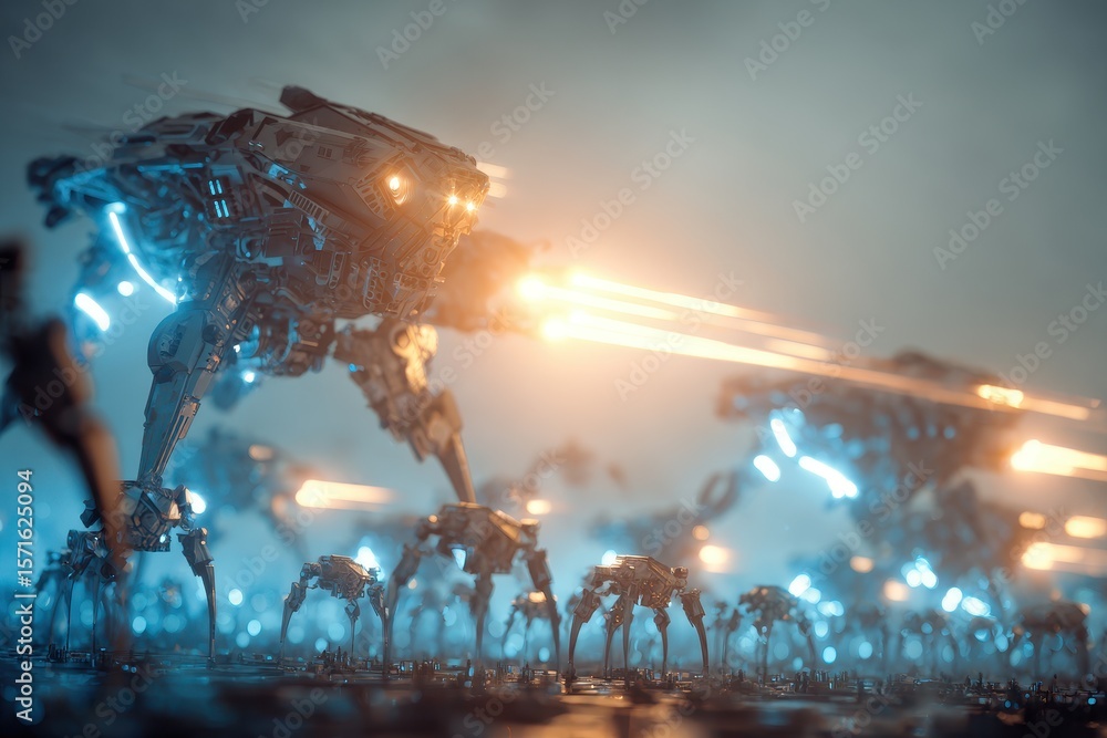 Poster futuristic battle features flying robots engaging in intense combat amidst a technologically advance