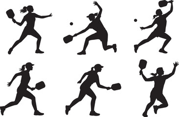Pickleball player silhouette set showing woman hitting ball with paddle in sport action poses