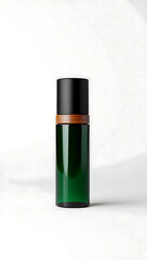 Elegant Dark Green Glass Bottle with Black and Wood Accents; Clean Minimalist Product Mockup
