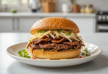 Beef brisket sandwich with slaw and parsley on white plate in minimalist kitchen Generative AI