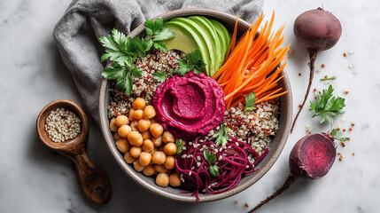 Top view of colorful vegan Buddha bowl with hummus, quinoa, beetroot, chickpeas, and fresh vegetables on rustic table