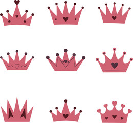 Pink Crown Illustrations with Heart Accents – Cute Royalty and Princess Design Elements