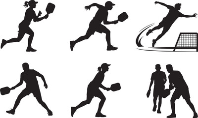 Pickleball icon set showing man and woman player silhouettes jumping action net paddle positions
