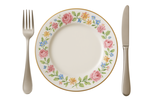 Elegant Floral Dinner Plate with Cutlery – Top View of Classic Table Setting Isolated on White