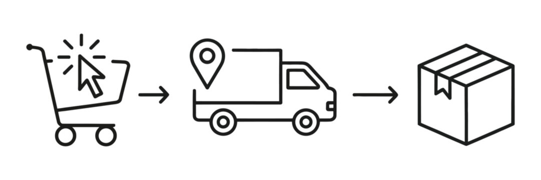 Vector art of the process of online shopping, delivery, and package arrival