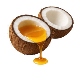 Flowing Coconut Oil from Cracked Coconut, Isolated on Transparent and White Background