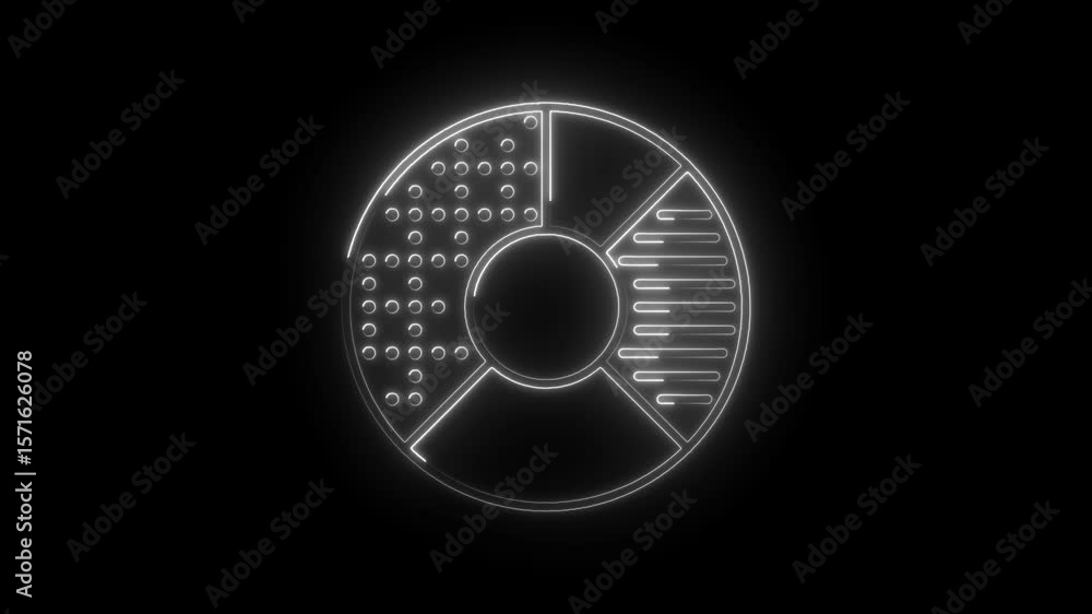 Poster glowing neon pie chart animation with four sections on a black background