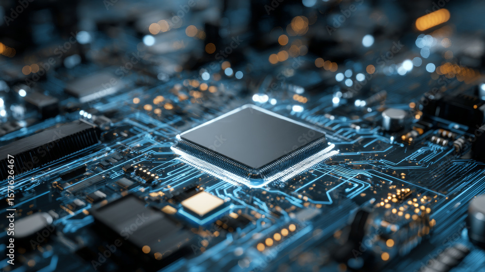 Poster abstract ai circuit board background. technology connected blue lines with electronics elements on t
