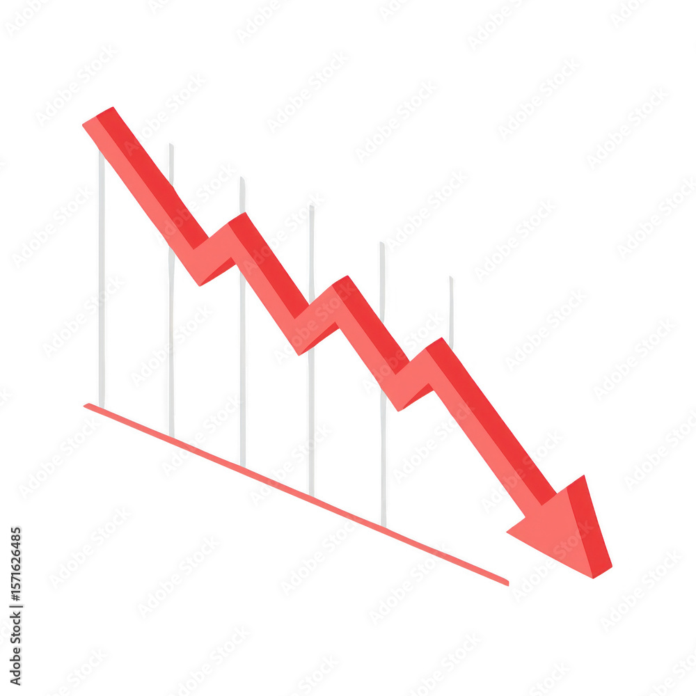 Poster red downward trending graph with arrow isolated on transparent background