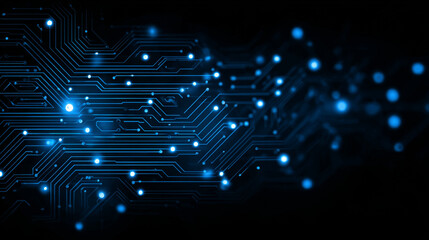 Obraz premium Abstract digital circuit board on technology blue background. Circuit connected lines and dots on abstract motherboard. Navy gradient tech bg. AI innovation concept. Futuristic vector illustration.