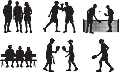 Pickleball team icon set with players handshake group bench net and conversation silhouettes