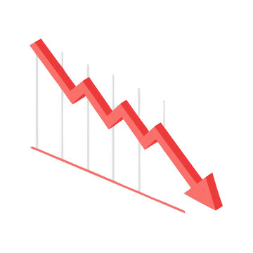 Red downward trending graph with arrow isolated on transparent background