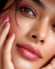 Close up view of a beautiful woman with amazing skin and pink lipstick