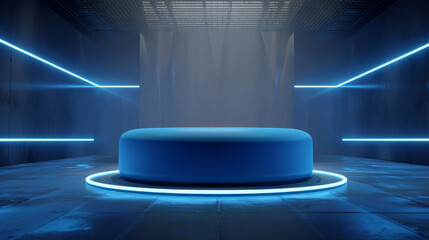 Abstract realistic 3d blue cylinder pedestal podium with Sci-fi dark blue abstract room with semi circle glowing neon lighting scene. Vector rendering product display presentation. Futuristic scene.