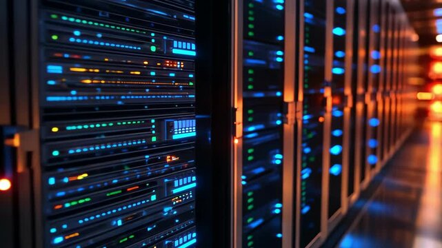 Data center server racks with blinking lights in a long hallway