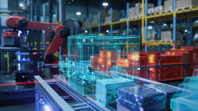 Futuristic automated warehouse with orange robotic arms and digital holographic interfaces on conveyor systems. Smart industrial automation, AI logistics technology, modern manufacturing robotics.

