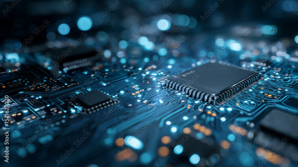 Poster abstract digital background with circuit line elements in technology blue. circuit board vector illu