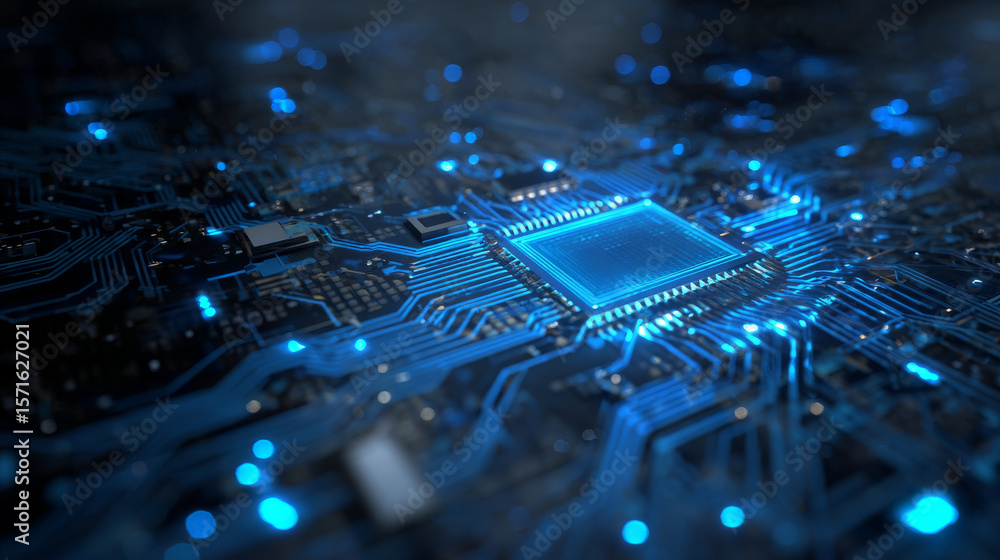 Poster abstract digital background with circuit line elements in technology blue. circuit board vector illu
