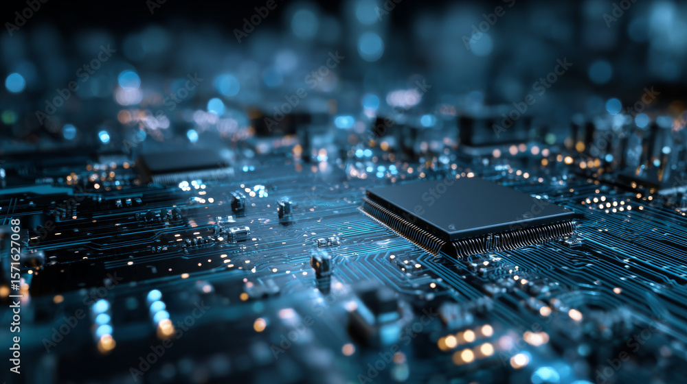 Poster abstract digital background with circuit line elements in technology blue. circuit board vector illu