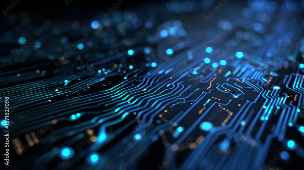Poster abstract digital background with circuit line elements in technology blue. circuit board vector illu