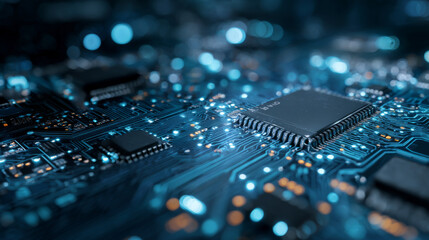 Abstract digital background with circuit line elements in technology blue. Circuit board vector illustration. Tech network bg. Futuristic technology background. AI chip and Electronics concept. 