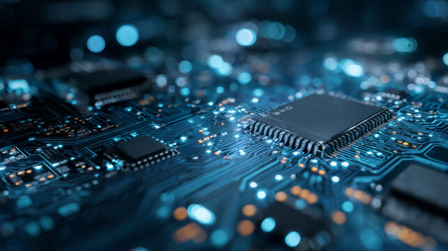 Abstract digital background with circuit line elements in technology blue. Circuit board vector illustration. Tech network bg. Futuristic technology background. AI chip and Electronics concept. 