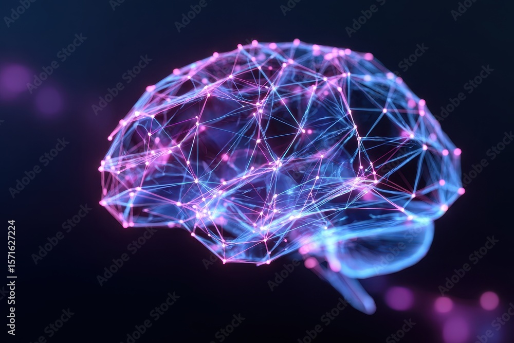 Poster neon abstract brain network visualizes futuristic connectivity and complex neural pathways in a digi