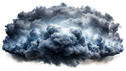 Dramatic dark cumulonimbus storm clouds with bright light peeking through isolated on a transparent background