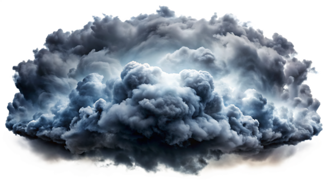 Dramatic dark cumulonimbus storm clouds with bright light peeking through isolated on a transparent background