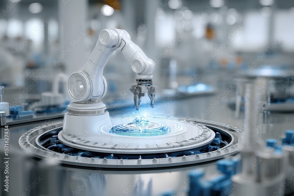 Poster futuristic robotic arm demonstrating advanced manufacturing technology in a modern automated factory
