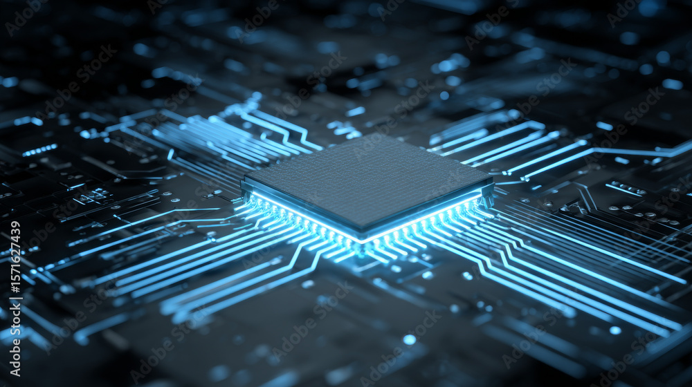 Poster abstract digital technology background. isometric ai chip with ai hologram with circuit tech bg. con