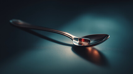 Close-up of metallic spoon with shiny capsule pill on dark blue background, concept of medicine and pharmaceutical industry
