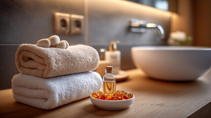 Luxury bathroom interior with aroma oil bottle, towels and glowing light, relaxation and spa home wellness concept
