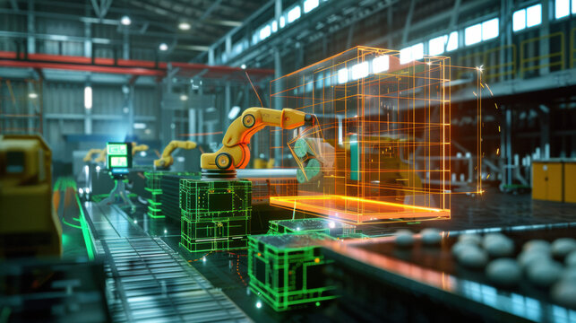 Futuristic automated warehouse with orange robotic arms and digital holographic interfaces on conveyor systems. Smart industrial automation, AI logistics technology, modern manufacturing robotics.

 - Powered by Adobe