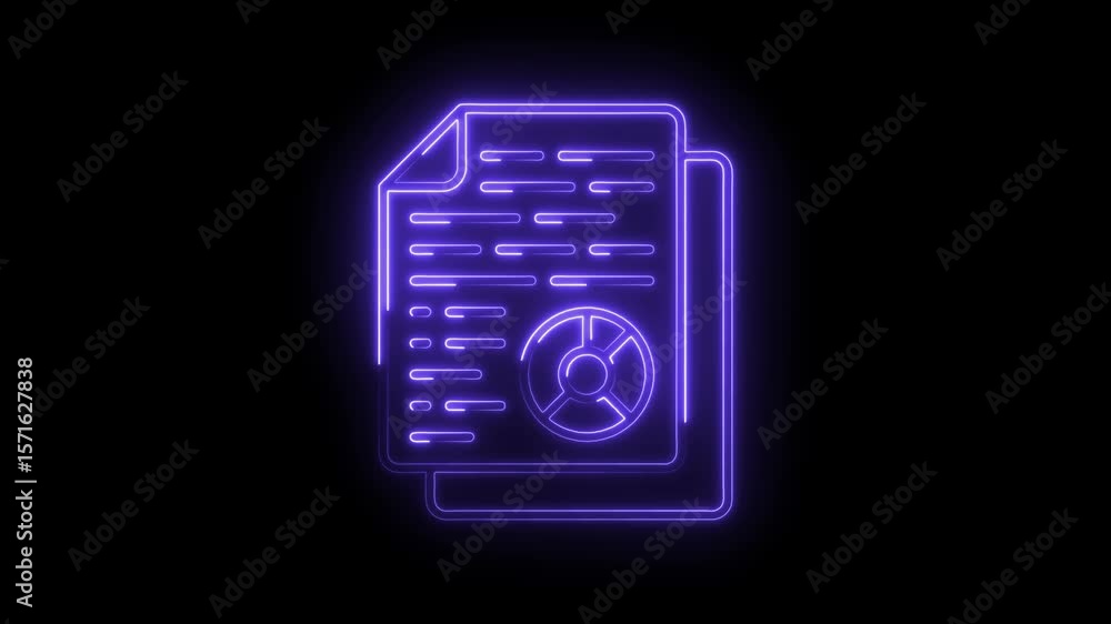 Poster neon data reports analysis document with pie chart diagram glowing in purple light