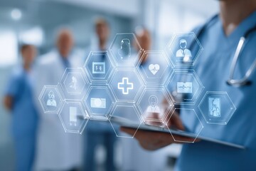 Innovative Electronic Health Record Management system enhancing patient care in a modern healthcare environment with medical professionals present