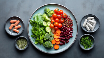 Top view of healthy vegetarian salad bowl with cherry tomatoes, beans, broccoli and greens, clean eating concept
