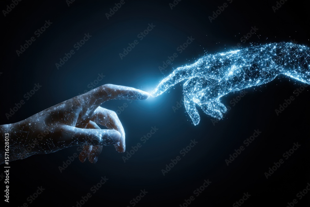 Poster symbolic fusion of human and artificial intelligence showcasing the connection between technology an