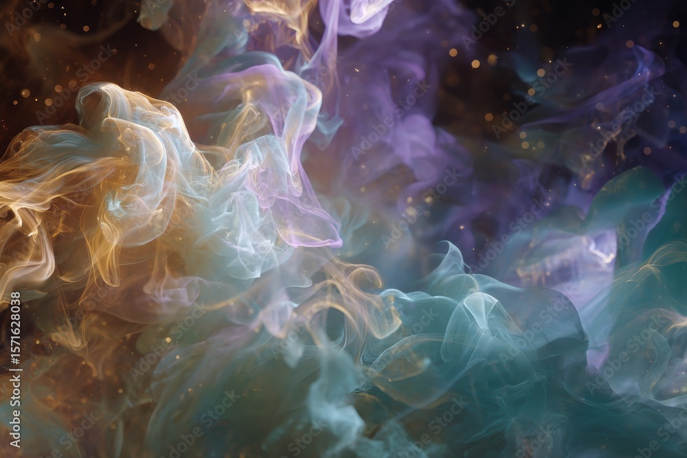 Poster dancing smoke creates mesmerizing patterns in a luminous atmosphere filled with vibrant colors and e