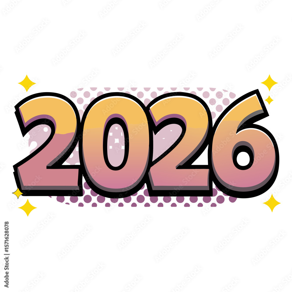Poster bold 2026 numbers in comic book style with pop art background, isolated vector image on transparent 