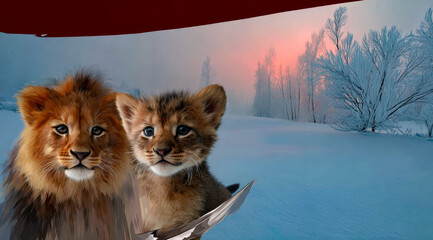 An artistic portrayal of a lion cub and a small cat kitten standing together in a cold, ethereal winter scene with a vibrant sunset sky.