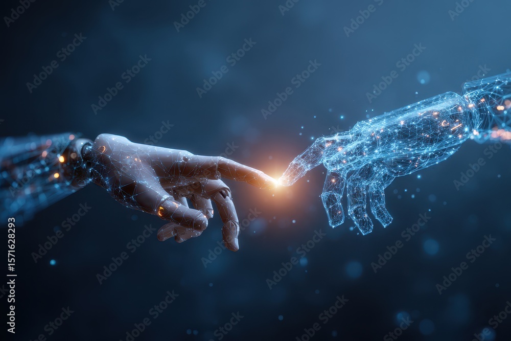 Poster exploration of connection between human hand and robotic hand highlighting advances in machine learn